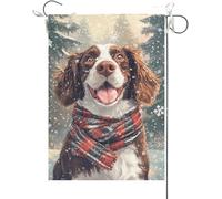 Bandiera Da Giardino Hello Winter English Springer Spaniel Buffalo Plaid Check Scarf Winter Rustic Bandiere Decorative Antivento Garden Flag Durevole Bandiera Verticale Per Esterno Feste 30X45CM