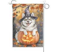 Bandiera Da Giardino Husky Leaning Over The Scary Pumpkin, Halloween Fall Autumn Bandiere Decorative Premium Bandiera Da Cortile Colore Vivido Garden Flag Per Feste Celebrazioni Festival 30X45CM