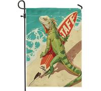 Bandiera da giardino iguana per surf sulla spiaggia, verde acquamarina, rosso, rettile natura cortile fla, scena tropicale estiva spiaggia giardino decorazione festa all'aperto 12x18