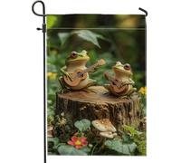 Bandiera da giardino in duo anfibico, rane verdi giocose su ceppo in legno, decorazione per esterni, primavera ed estate, tema natura, bandiera da cortile per decorazione prato, 30,5 x 45,7 cm