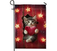 Bandiera da giardino in iuta double face con motivo gattino che tiene un cuore, decorazione per esterni per vacanze, 30,5 x 45,7 cm