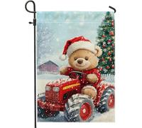 Bandiera da giardino in peluche di Natale, orsacchiotto rosso con trattore, decorazione per la casa, bandiere da giardino, tela di iuta double face, vacanze invernali, decorazione per prato all'aperto