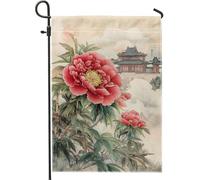 Bandiera da giardino in stile cinese con peonia, bandiera floreale rossa, bandiera double face in iuta, decorazione per esterni, accessorio da giardino in stile cinese, 30,5 x 45,7 cm
