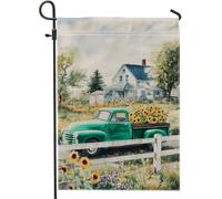 Bandiera da giardino in stile fattoria, camion vintage verde con girasoli, decorazione per esterni, striscione in iuta su entrambi i lati per la decorazione del prato primaverile estivo 30,5 x 45,7 cm
