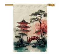 Bandiera da giardino in stile giapponese, decorazione per la casa con pagoda rossa con fiori di ciliegie, bandiera a doppia faccia in iuta per cortile, decorazione per prato all'aperto, 71 x 101 cm