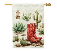 Bandiera da giardino in stile occidentale, lanterna rossa con stivali da cowboy, cactus, decorazione per la casa, bandiera da giardino in iuta su entrambi i lati, decorazione per esterni, 71 x 101 cm