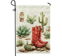 Bandiera da giardino in stile occidentale, lanterna rossa con stivali da cowboy, cactus, decorazione per la casa, bandiera da giardino in iuta su entrambi i lati, decorazione per esterni, 30,5 x 45,7