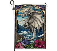 Bandiera da giardino in vetro colorato con drago, creatura mitica bianca, bandiere per la decorazione della casa primaverile ed estate, decorazione per prato esterno su entrambi i lati, accenti per