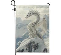 Bandiera da giardino invernale con drago del paese delle meraviglie, maestoso drago bianco, decorazione per la casa da cortile, scena montagna innevata su entrambi i lati, decorazione per prato