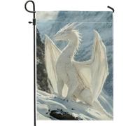 Bandiera da giardino invernale con drago innevato, creatura maestosa bianca, decorazione per la casa e il giardino, bandiera da giardino in iuta su entrambi i lati, decorazione per giardino per