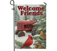 Bandiera da giardino invernale con trattore rosso innevato, striscione natalizio con scritta "Welcome Friends", decorazione per la casa su entrambi i lati, decorazione natalizia per esterni, 30,5 x