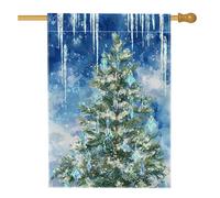 Bandiera da giardino invernale del paese delle meraviglie, albero di Natale blu con ghiaccioli, decorazione per esterni, striscione in iuta su entrambi i lati, per decorazione del prato delle vacanze