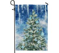 Bandiera da giardino invernale del paese delle meraviglie, albero di Natale blu con ghiaccioli, decorazione per esterni, striscione in iuta su entrambi i lati per decorazione del prato per le vacanze