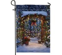 Bandiera da giardino invernale del paese delle meraviglie, sentiero innevato blu con campana e luci, decorazione per esterni, striscione in iuta su entrambi i lati per celebrazioni festive, 30,5 x