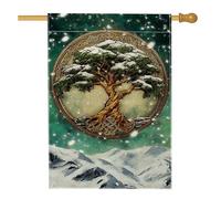 Bandiera da giardino invernale innevata con albero della vita, decorazione verde della natura, striscione da giardino, doppia faccia vibrante bandiera da cortile per vacanze all'aperto decorazione