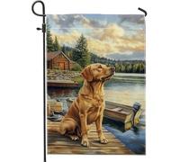 Bandiera da giardino Labrador Retriever, scena del lago con cane dorato, decorazione per esterni, striscione stagionale per la casa, decorazione rustica su entrambi i lati, regalo per gli amanti degli