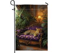 Bandiera da giardino leopardata di lusso, elegante bandiera viola con animali, decorazione per esterni, bandiera su entrambi i lati in iuta per la primavera e l'estate, decorazione per la casa, 30,5 x