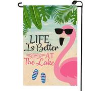 Bandiera Da Giardino Life Is Better At The Lake Summer Flamingo 30X45Cm Bandiera Di Benvenuto Personalizzata Durevole Banner Per Parete Interni Estiva