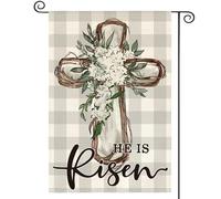 Bandiera da giardino Lily Cross Buffalo Plaid He Is Risen Easter Bandiera