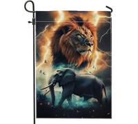 Bandiera da giardino maestoso leone elefante, decorazione vibrante della casa della fauna selvatica, decorazione del prato all'aperto, bandiera a tema natura, bandiera primaverile ed estiva