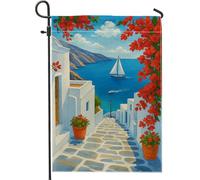 Bandiera da giardino mediterraneo vivace, decorazione con scena a vela blu oceano, striscione su entrambi i lati in iuta per esterni, decorazione per la casa primaverile ed estate, stile costiero per