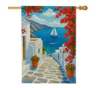 Bandiera da giardino mediterraneo vivace, decorazione con scena a vela blu oceano, striscione su entrambi i lati in iuta per esterni, decorazione per la casa primaverile ed estate, stile costiero per