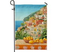 Bandiera da giardino mediterraneo vivace, design colorato di città costiera, decorazione per la casa e per esterni, bandiera decorativa su entrambi i lati, decorazione stagionale per prato 30,5 x 45,7