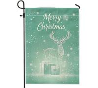 Bandiera da giardino "Merry Christmas", con renna verde, decorazione da esterno, double face, per Natale, terrazza, prato e giardino, 30,5 x 45,7 cm