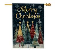 Bandiera da giardino Merry Christmas, decorazione per le vacanze blu scuro con alberi di Natale colorati e fiocchi di neve, striscione in iuta su entrambi i lati per decorazione esterna del prato 71 x