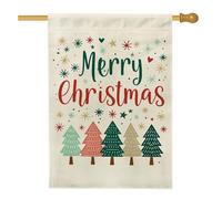 Bandiera da giardino Merry Christmas, striscione natalizio color crema con alberi colorati e stelle, bandiera da cortile in iuta su entrambi i lati, per decorazione esterna del prato, 71 x 101 cm