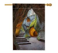 Bandiera da giardino mistica della grotta, eleganti lanterne in pietra per la decorazione della natura, bandiera a doppia faccia in iuta da cortile decorazione per esterni per prato 71 x 101 cm
