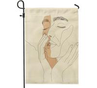 Bandiera da giardino moderna Line Art, elementi naturali color pelle beige, decorazione per esterni, bandiera estiva e autunnale, design astratto con viso a mano, per decorazione da cortile, 30,5 x