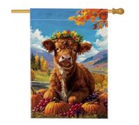 Bandiera da giardino mucca autunnale, vitello marrone con zucca e uva, bandiera decorativa per la casa, bandiera da cortile in tela di iuta, decorazione esterna autunnale 71,1 x 101,6