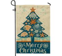 Bandiera da giardino natalizia a tema oceano, conchiglie blu stelle marine, decorazione per esterni, bandiera su entrambi i lati, decorazione stagionale per prato 30,5 x 45,7 cm