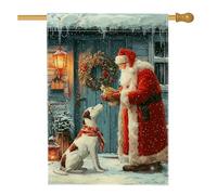 Bandiera da giardino natalizia con Babbo Natale, decorazione invernale rossa con cane e ghirlanda, striscione su entrambi i lati in iuta per prato all'aperto per decorazioni per feste di festa, 71 x
