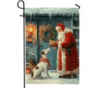 Bandiera da giardino natalizia con Babbo Natale, decorazione invernale rossa con cane e ghirlanda, striscione su entrambi i lati in iuta per esterni, decorazione per feste, 30,5 x 45,7 cm