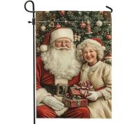 Bandiera da giardino natalizia con Babbo Natale e signora Claus, decorazione natalizia rossa e bianca, bandiera da cortile su entrambi i lati per la stagione invernale, decorazione natalizia per patio