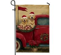 Bandiera da giardino natalizia per cani, pick-up rosso con cuccioli e stelle di Natale, decorazione per esterni, striscione per prato in iuta su entrambi i lati, per decorazione festiva, 30,5 x 45,7