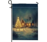 Bandiera da giardino natalizia per la notte d'inverno, scena innevata blu con albero illuminato, striscione decorativo per la casa, in iuta su entrambi i lati, decorazione per prato esterno 30,5 x