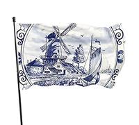 Bandiera da Giardino Nederland Carino Vintage Mulino a Vento Olandese Delft Bandiera Blu in Poliestere con 2 Occhielli in Ottone Striscione Colore Vivido e Resistente allo sbiadimento Bandiera da Giar