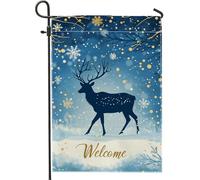 Bandiera da giardino nel paese delle meraviglie invernale, renna blu, bandiera da cortile double face per la stagione delle vacanze, decorazione per prato festivo, 30,5 x 45,7 cm