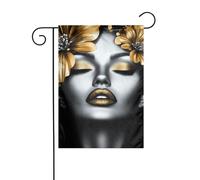 Bandiera da giardino nera con fiore dorato di una donna, 12x18, verticale, bifacciale, decorazione per esterni per la casa colonica.