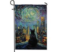 Bandiera da giardino notturna con gatto nella città stellata, bandiera cosmica colorata per la casa, bandiere da giardino, bandiera artistica su entrambi i lati, decorazione per prato naturale, 30,5 x