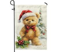 Bandiera da giardino orso di Natale, orsacchiotto marrone morbido con cappello di Babbo Natale, decorazione esterna per vacanze invernali, bandiera da prato double face in iuta, bella decorazione