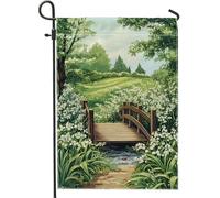 Bandiera da giardino panoramica primaverile estiva, ponte verde con fiori, decorazione naturale, striscione da cortile, in poliestere su entrambi i lati, decorazione per prato esterno 30,5 x 45,7 cm