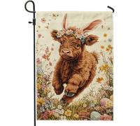 Bandiera da giardino pasquale con grazioso vitello, decorazione primaverile con animali marroni, fiori in iuta su entrambi i lati, decorazione per vacanze all'aperto, 30,5 x 45,7 cm