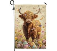 Bandiera da giardino pasquale con mucca delle Highlands, bandiera floreale per la casa, decorazione per la casa, decorazione esterna a molla su entrambi i lati, per feste sul prato, decorazione