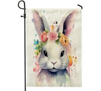 Bandiera da giardino pasquale di alta qualità con coniglio floreale primaverile acquerello bianco e rosa lino cartello decorazione per feste decorazione casa prato patio esterno cortile bandiera da