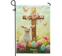 Bandiera da giardino pasquale, grazioso agnello bianco con croce e uova colorate, decorazione per esterni, bandiera floreale su entrambi i lati per decorazione per feste di festa, 30,5 x 45,7 cm