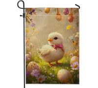 Bandiera da giardino pasquale primaverile, grazioso pulcino giallo con fiocco di pesca, bandiera decorativa in iuta per prato all'aperto e decorazione per feste di festa, 30,5 x 45,7 cm